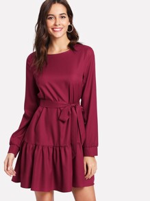 Self Belt Ruffle Hem Long Sleeve Dress