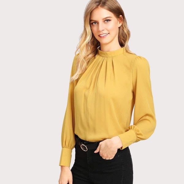 

Button Cuff Gathered Neck Top