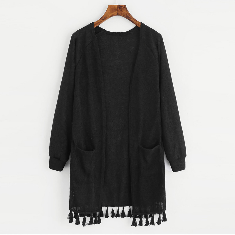 

Fringe Hem Double Pockets Cardigan, Black
