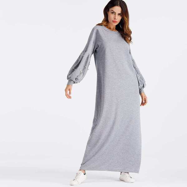 

Lantern Sleeve Pearl Beaded Full Length Dress