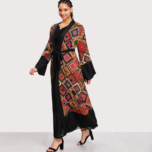 

Plus Geo Print Self Tie Waist Kimono, Multicolor