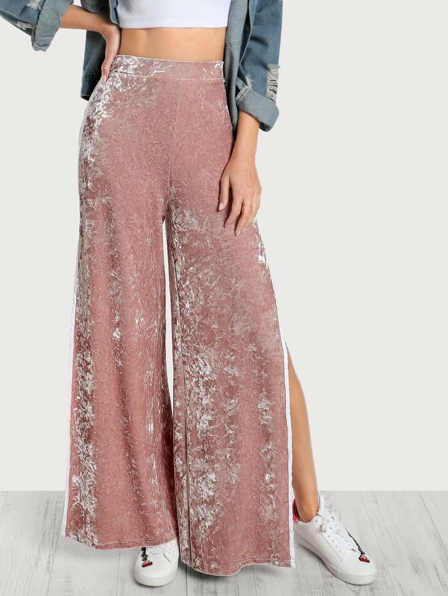 SHEIN Elasticized Waist Velvet Trousers - Dusty Pink - View 1