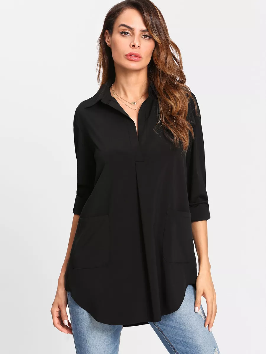 SHEIN LUNE Pocket Patched Curved Hem Blouse - Black - View 1