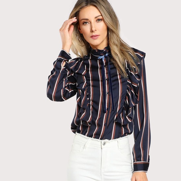 

Tied Frill Neck Striped Shirt