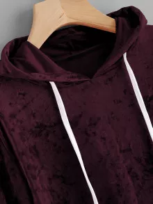 Velvet Drawstring Crop Hoodie - Burgundy - View 4