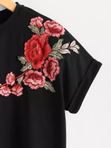 SHEIN Clasi Flower Embroidery Cuffed Sleeve Tee - Black - View 2
