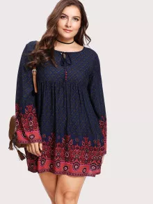 SHEIN Plus Tie Neck Ornate Print Dress - Multicolor - View 1