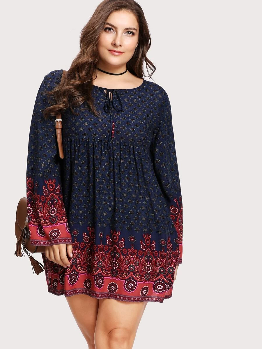 SHEIN Plus Tie Neck Ornate Print Dress - Multicolor - View 1