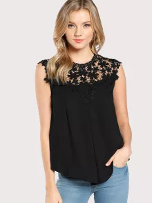 SHEIN Clasi Guipure Lace Yoke Button Shell Top - Black - View 1