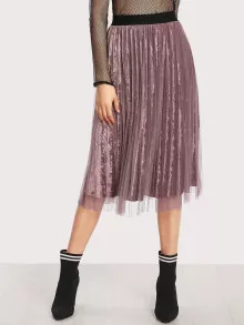 Mesh Overlay Pleated Velvet Skirt