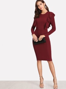 Solid Symmetric Ruffle Trim Pencil Dress