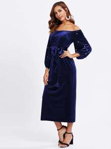 Pearl Beading Lantern Sleeve Velvet Bardot Dress