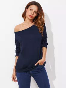SHEIN Raw Cut Solid Tee - Navy Blue - View 1