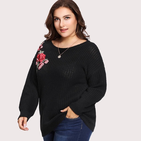 

Plus Embroidery Applique Drop Shoulder Sweater, Black