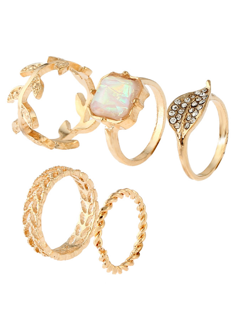 

Cube Stone Leaf Shaped Ring Set 5pcs, Gold