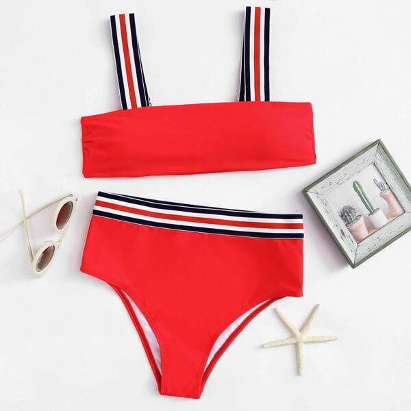 

Striped Top With High Waisted Bikini Set, Red bright