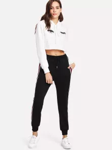 SHEIN Essnce Striped Tape Side Drawstring Joggers - Black - View 4