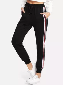 SHEIN Essnce Striped Tape Side Drawstring Joggers - Black - View 1