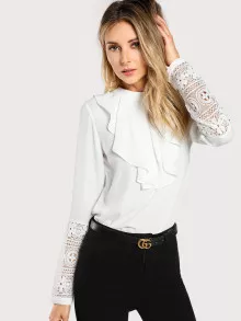 SHEIN Guipure Lace Sleeve Jabot Top - White - View 1