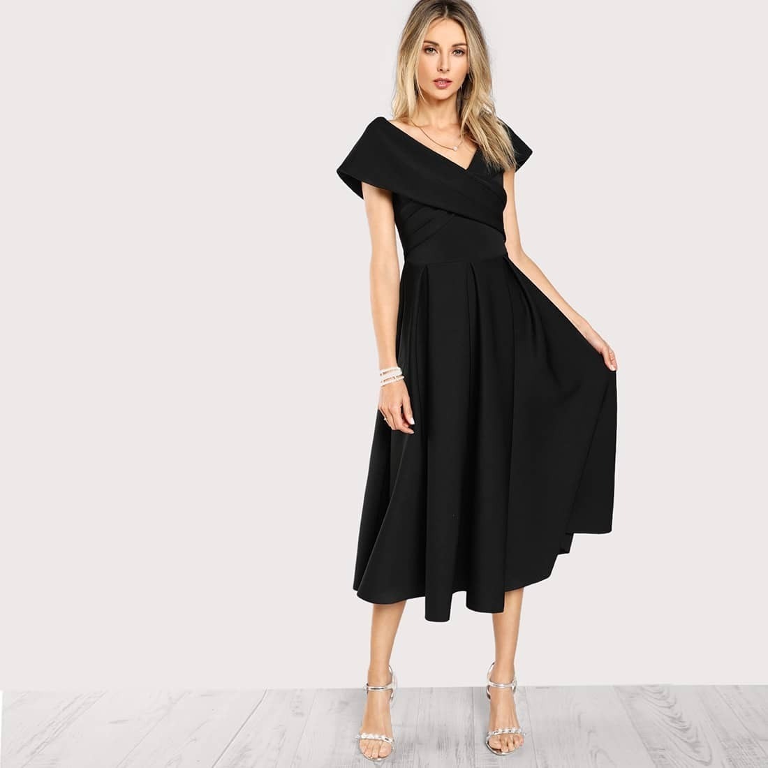 

Cross Wrap Box Pleated Bardot Dress, Black