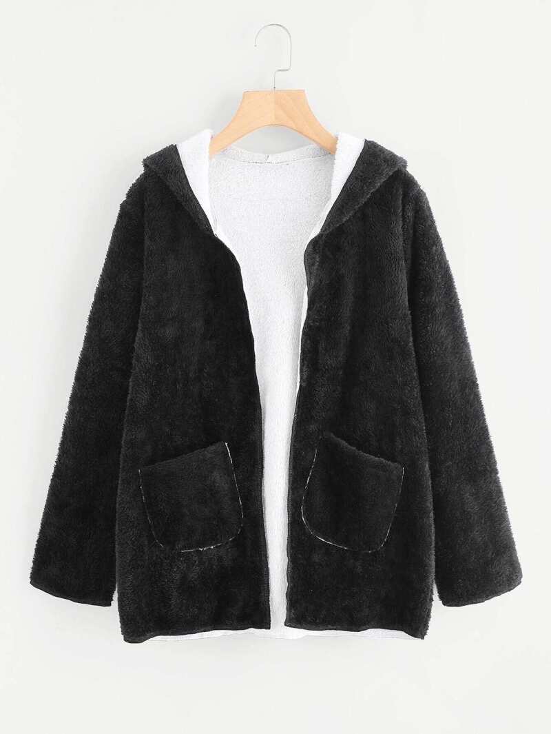 

Dual Pocket Faux Fur Hooded Coat, Black