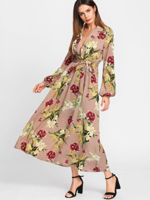 Lantern Sleeve Surplice Wrap Floral Dress