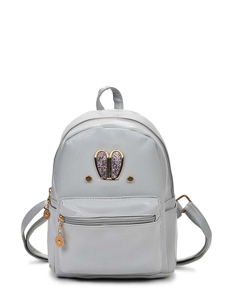 

Glitter Ear Detail Zipper Front PU Backpack, Grey