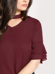 SHEIN Plus Choker Neck Layered Sleeve Top - Burgundy - View 4