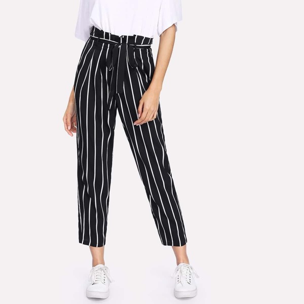 

Self Belt Striped Pants, Black and white
