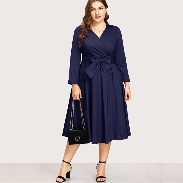 

Plus Surplice Neck Self Tie Circle Dress
