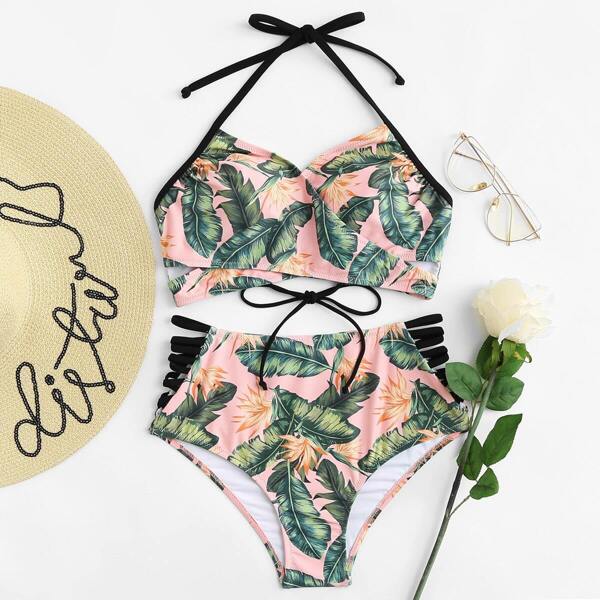 

Tropical Tie Back Top With Cut-Out Bikini Set