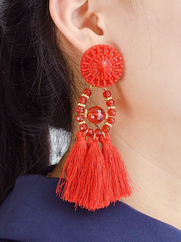 

Red Beads Long Tassel Party Dangle Earrings