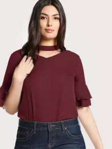 SHEIN Plus Choker Neck Layered Sleeve Top - Burgundy - View 2