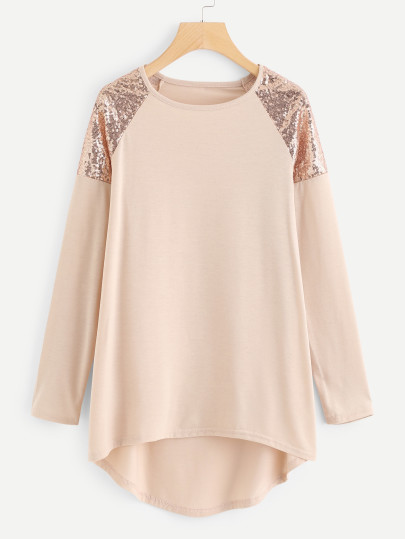 Contrast Sequin Dip Hem Longline Tee