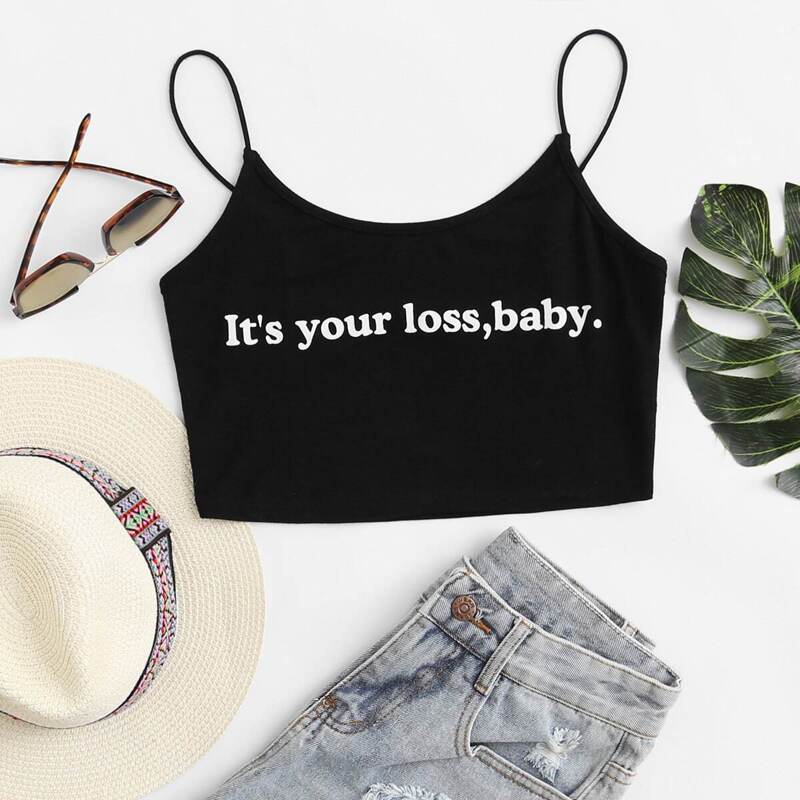

Slogan Graphic Crop Cami Top, Black