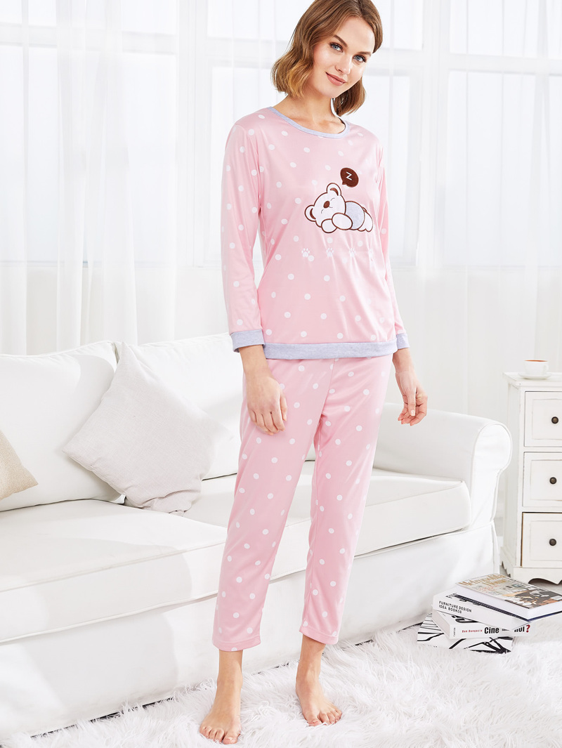 

Bear Embroidery Polka Dot PJ Set, Pink