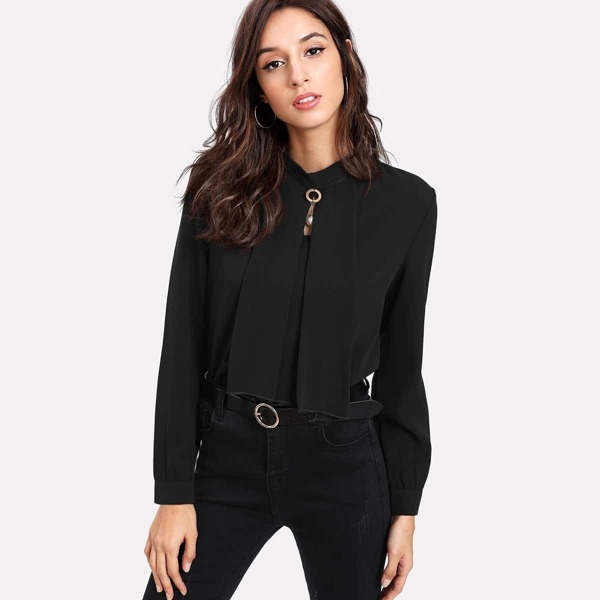 

Faux Pearl Mock Neck Keyhole Back Blouse