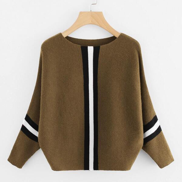 

Contrast Striped Panel Ribbed Sweater, Brown