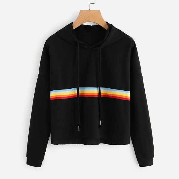 

Contrast Striped Raw Hem Crop Hoodie, Black