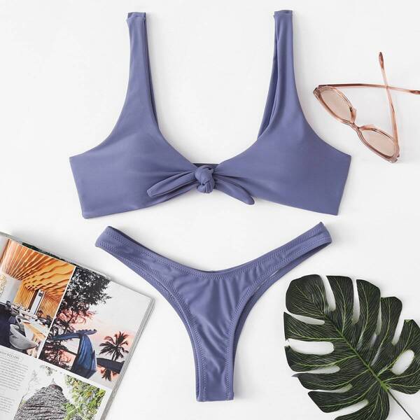 

Knot Top With High Leg Bikini Set
