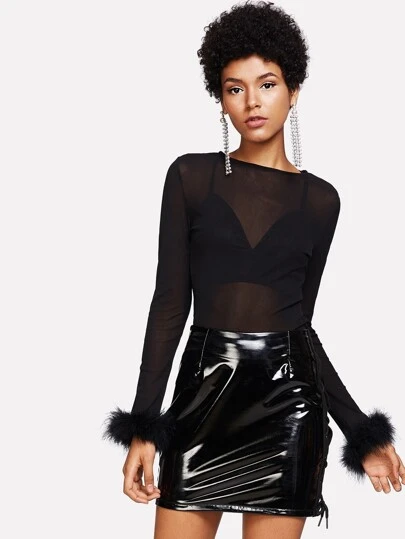 mesh top with fluffy sleeves