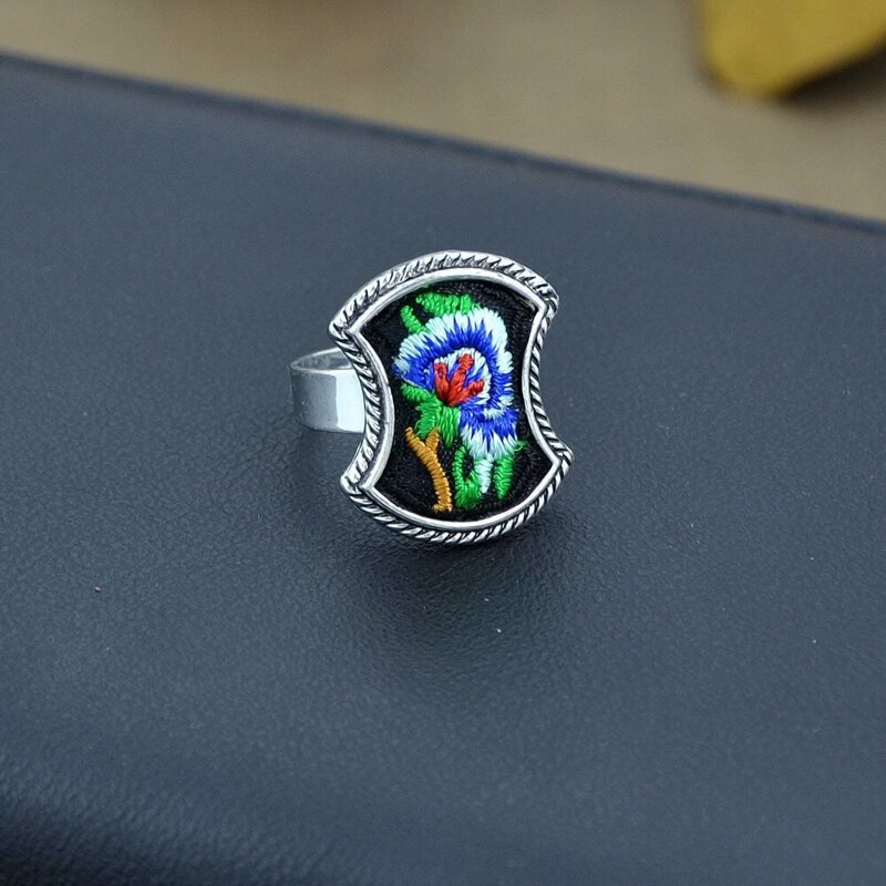 

Blue Handmade Embroidery Flower Pattern Geometric Ethnic Rings, Multicolor