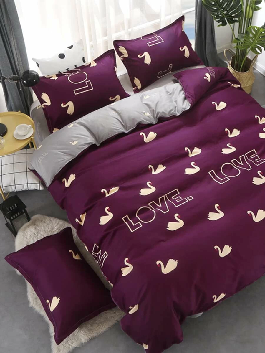 1.5m 4Pcs Swan Print Duvet Cover Set - View 1