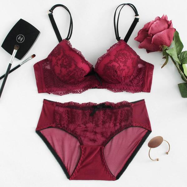 

Embroidered Lace Overlay Lingerie Set