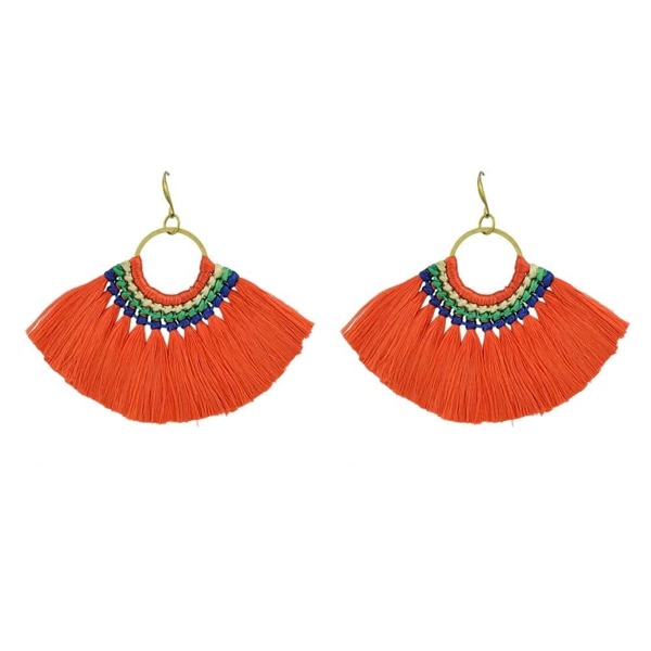 

Orange Boho Fan Shaped Earrings Ethnic Style Tassel Big Earrings