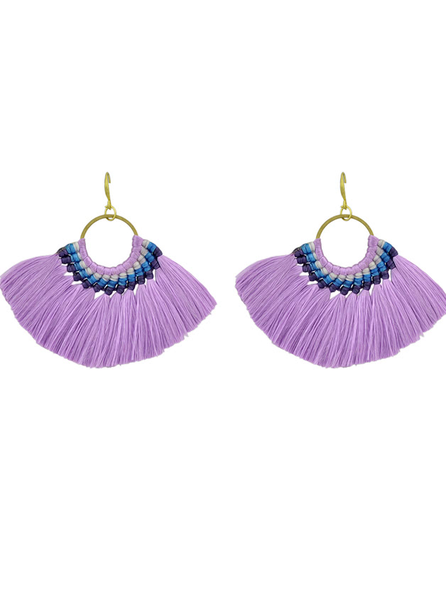 

Purple Boho Fan Shaped Earrings Ethnic Style Tassel Big Earrings