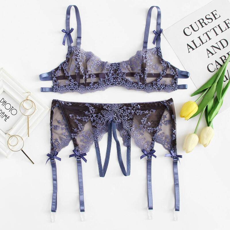 

Lace Bra & Open Crotch Thong & Garter Set, Purple