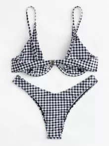 Gingham High Cut Bikini Set Summer Beach - Black and White - View 2