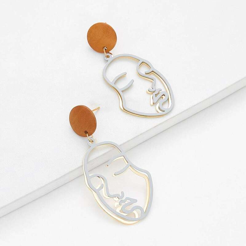 

Two Tone Hollow Face Design Drop Earrings 1pair, Silver