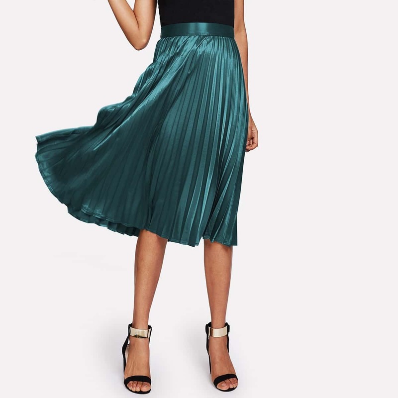 Zip Closure Pleated Satin Skirt, Green